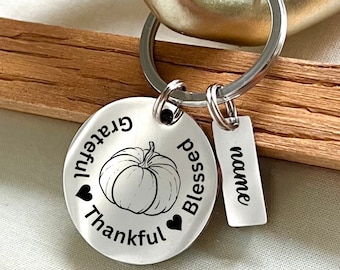 Personalized Thanksgiving Pumpkin Keychain: Grateful, Thankful, Blessed