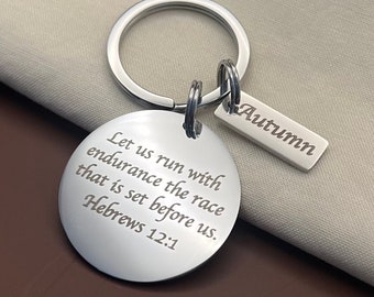 Custom Bible Verse Stainless Steel Keychain - Personalized Hebrews 12 1 Keychain - Custom Inspirational Charm - Christmas Gift