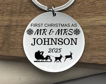 Personalized First Christmas Stainless Steel Keychain – Couple Holiday Keepsake – Newlywed Christmas Gift