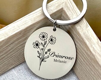 Custom Primrose Birth Flower Stainless Steel Keychain - February Birthday Gift