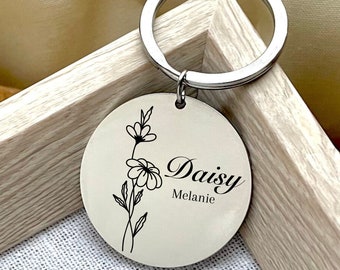Custom Daisy Birth Flower Stainless Steel Keyring - Personalized April Birthday Gift