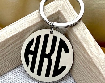 May include: A silver keychain with a round, black, monogrammed disc featuring the letters "HKC".