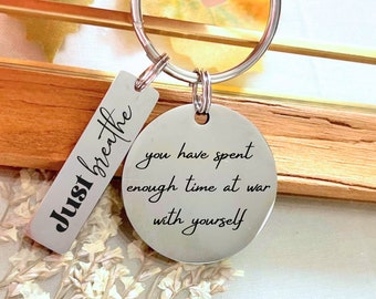 Personalized Just Breathe Stainless Steel Keychain - Custom Self Love Reminder Keyring - Custom Mindful Gift