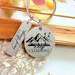 Personalized Keep Climbing Stainless Steel Keychain - Custom Mountain Inspired Keyring - Custom Motivational Keychain
