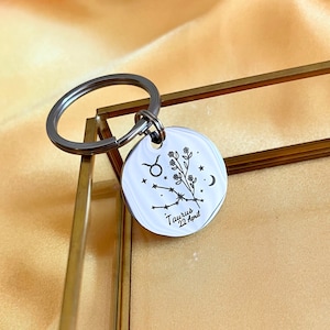 Taurus Zodiac Sign & Birth Flower Handmade Keychain, Custom Birthday Gift, Mother&#39;s Day Gifts