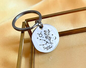 Taurus Zodiac Sign & Birth Flower Handmade Keychain, Custom Birthday Gift, Mother's Day Gifts