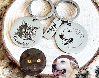 Porte-clés personnalisé en acier inoxydable avec portrait d'animal de compagnie - Porte-clés personnalisé avec nom d'animal de compagnie - Cadeau chien maman chat maman
