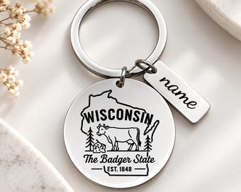 Wisconsin Keychain, Badger State Gift, Wisconsin State Souvenir, Personalized Keychain