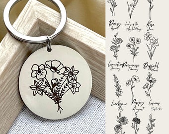 Personalized Combined Birth Flower Bouquet Keychain - Meaningful Mother's Day Gift