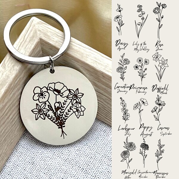 Personalized Combined Birth Flower Bouquet Keychain - Meaningful Mother's Day Gift