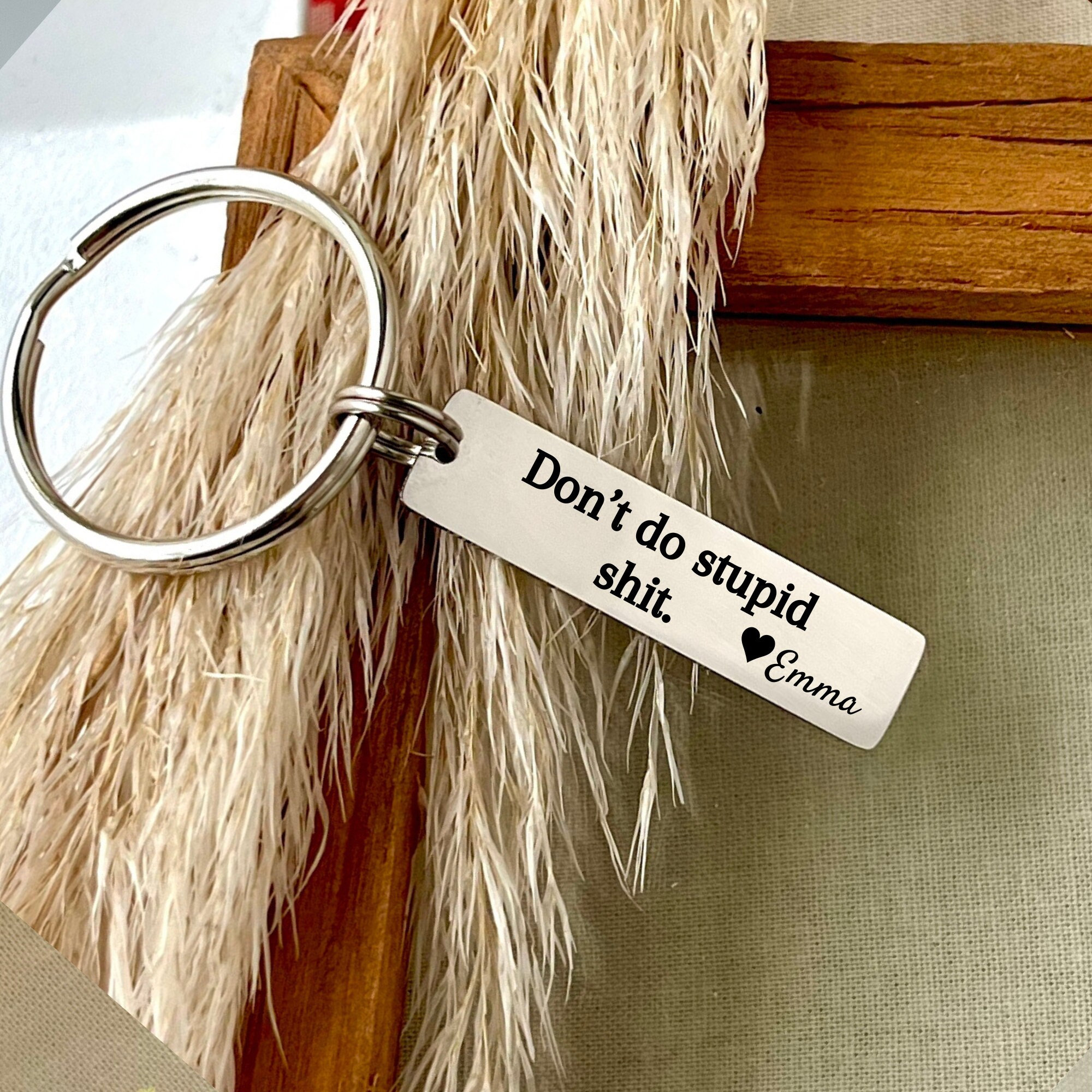 Don't Do Stupid Shit - Dad Keychain  Dragonfly and Wolf Hand Stamped  Designs