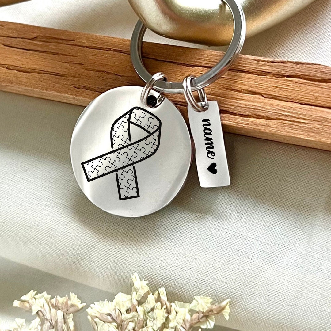 Personalized Autism Awareness Keychain: Stainless Steel Puzzle Ribbon ...