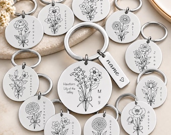 Birth Flower Keychain, Personalized Birth Month Gift, Floral Keychain with Name Charm