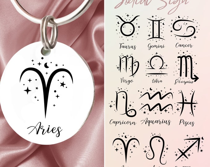 Personalized Zodiac Keychain, Custom Zodiac Sign Keyring, Astrology Gift
