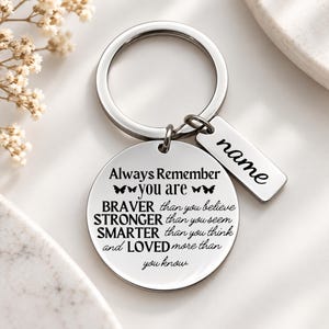 Puede incluir: Un llavero de metal plateado con un colgante circular grabado con el texto Always Remember you are BRAVER than you believe STRONGER than you seem SMARTER than you think and LOVED more than you know, junto a una pequeña etiqueta rectangular con la palabra name.