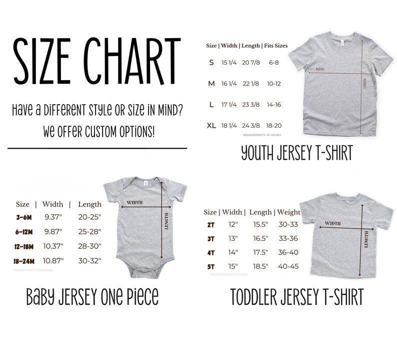 Puede incluir: Tabla de tallas para camisetas y bodies de punto para ni&ntilde;os y beb&eacute;s. La tabla muestra las tallas, el ancho, la longitud y el peso en pulgadas. La tabla incluye tallas para camisetas para ni&ntilde;os de 6-8 a 18-20, bodies para beb&eacute;s de 3-6 meses a 18-24 meses y camisetas para ni&ntilde;os peque&ntilde;os de 2T a 5T.