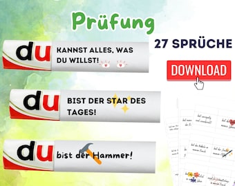 May include: A set of 27 printable encouragement cards with the text "Du" (German for "You") in large black letters on a red background. The cards feature motivational phrases in German, such as "Du kannst alles, was du willst!" (You can do anything you want!) and "Du bist der Star des Tages!" (You are the star of the day!). The cards are designed to be used as a gift or to celebrate a special occasion.