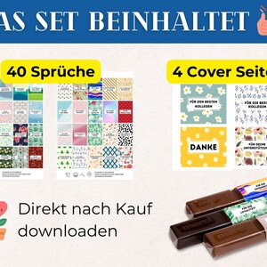 May include: A printable set of 40 different designs for gift tags or labels. The designs feature various floral patterns and include the text "DAS SET BEINHALTET 40 Spr&uuml;che 4 Cover Seiten". The set also includes four printable cover pages with floral designs and text that says "F&Uuml;R DEN BESTEN KOLLEGEN", "F&Uuml;R DIE BESTE KOLLEGEN", "DANKE", and "F&Uuml;R DEINE UNTERST&Uuml;TZUNG".