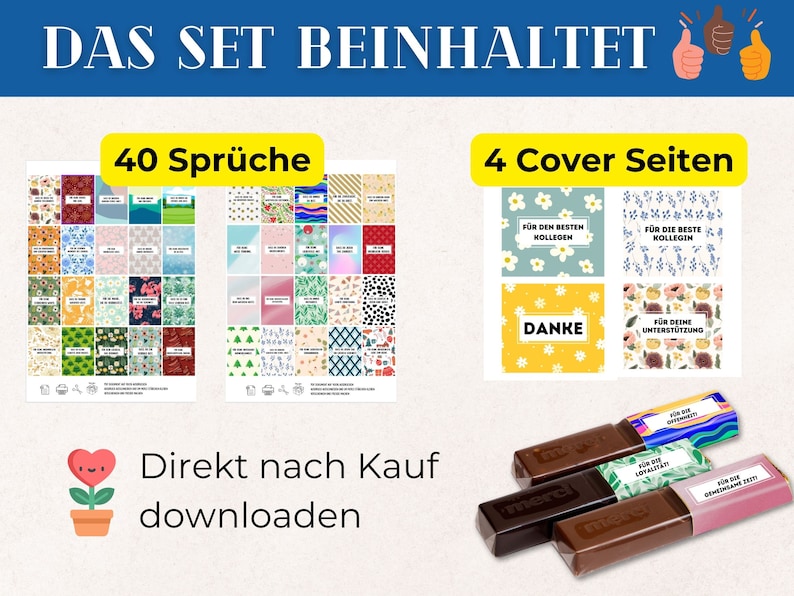 May include: A printable set of 40 different designs for gift tags or labels. The designs feature various floral patterns and include the text "DAS SET BEINHALTET 40 Spr&uuml;che 4 Cover Seiten". The set also includes four printable cover pages with floral designs and text that says "F&Uuml;R DEN BESTEN KOLLEGEN", "F&Uuml;R DIE BESTE KOLLEGEN", "DANKE", and "F&Uuml;R DEINE UNTERST&Uuml;TZUNG".