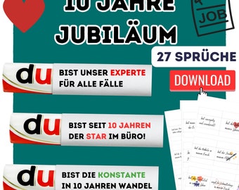 May include: A set of three red and white lip balm tubes with the word "du" in black lettering. Each tube has a different message: "Bist unser Experte für alle Fälle", "Bist seit 10 Jahren der Star im Büro!" and "Bist die Konstante in 10 Jahren Wandel". The image also includes a red heart, a white board with the word "JOB" written on it, and a white button with the word "DOWNLOAD" in black lettering.
