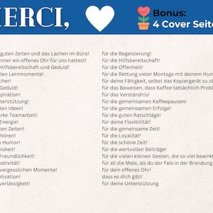 May include: A blue and white card with the word "MERCI" in large white letters. The card lists reasons to thank someone, such as "for the good times", "for the laughter", "for your patience", "for your support", and "for your creativity". The card also includes the text "Bonus: 4 Cover Seiten".