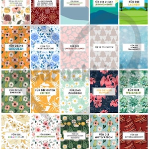 May include: A set of 20 printable thank you cards with different floral patterns and text in German. The text on the cards says "For the good times", "For your patience", "For your support", "For the great ideas", "For the strong teamwork", "For your energy", "For the good times", "For listening", "For your humor", "For wisdom", "For creativity", "For your kindness", "For the unforgettable moments", "For motivation", "For reliability", "For all the good times and laughter in the office", "Because you always have an open ear for us", "For your helpfulness and patience", "For the many learning moments", "For the laughter".