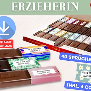 Puede incluir: Una caja de bombones Merci con varios envoltorios, algunos con texto en alemán. La imagen incluye el texto "ERZIEHERIN" y "DIGITALER DOWNLOAD". La caja contiene 40 bombones y 4 cubiertas.