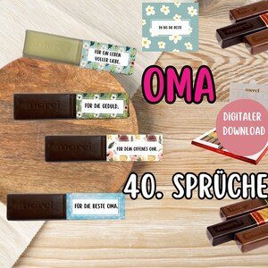 May include: A set of 40 printable gift tags for chocolate bars. The tags feature floral designs and sayings like "For a life full of love" and "For the best grandma". The tags are designed for use with chocolate bars, and the image shows several chocolate bars with the tags attached.