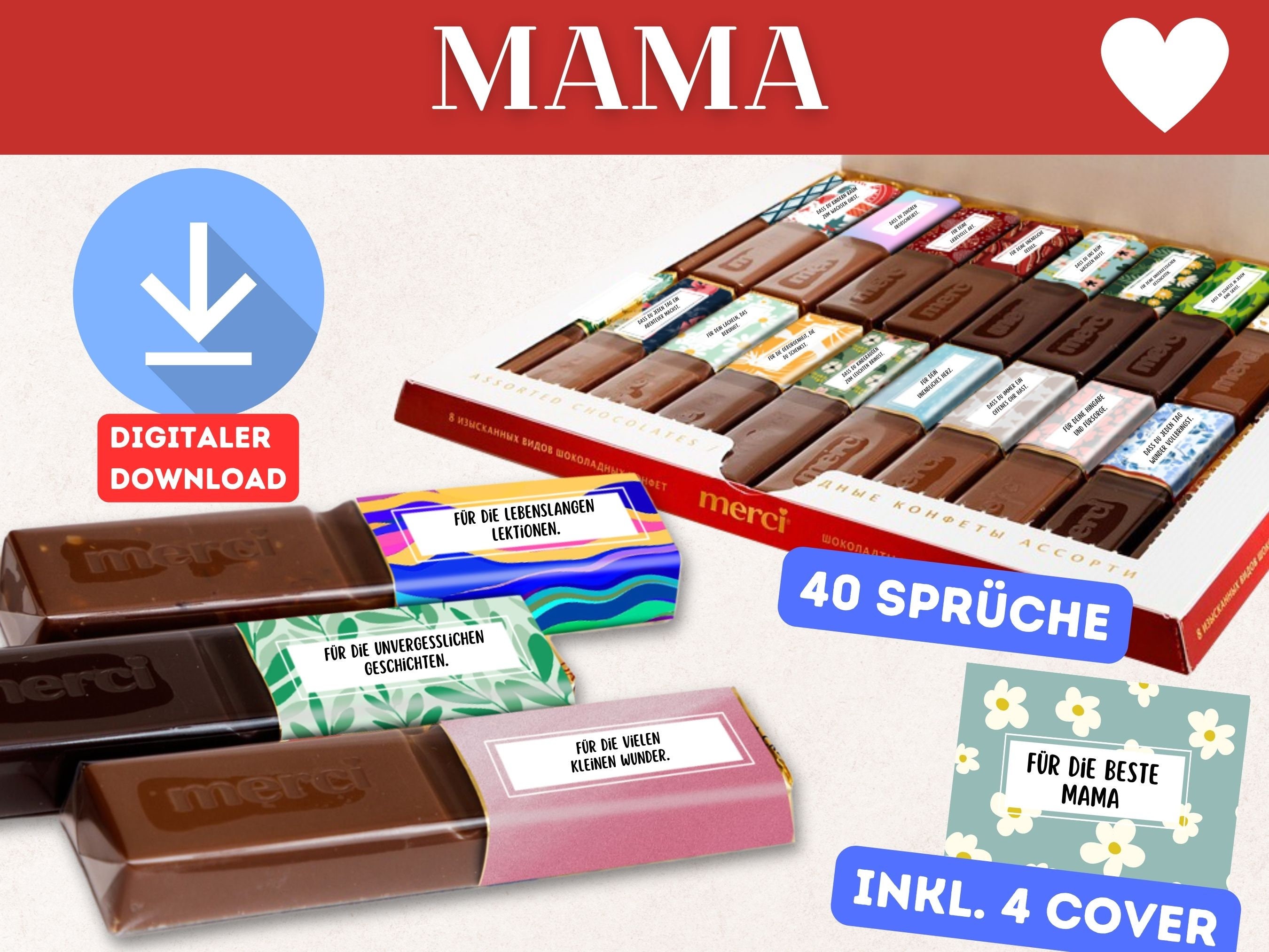 Digital Merci Banderoles for Mom - Thank You & Christmas Gift Instant Download Mom Mother with Heart - Mother's Day Gift