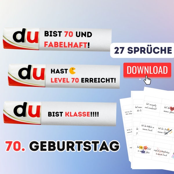 70. Geburtstag Geschenk Duplo Banderole - Digitaler Download -Kreative & Lustige Sprüche perfekte Geburtstagsgeschenk Frau Mann  27 Sprüche