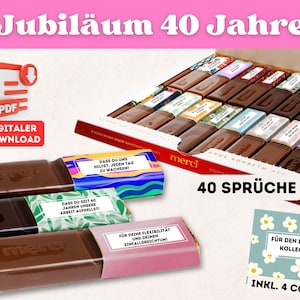 Könnte beinhalten: Eine Schachtel Merci-Schokolade mit 40 einzelnen Riegeln, jeweils mit einer Botschaft verpackt. Die Schachtel ist rot und weiß, mit den Worten "Jubiläum 40 Jahre" und "40 Sprüche". Inklusive 4 Cover.
