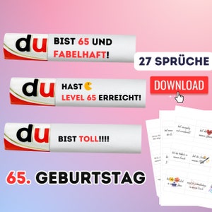 Könnte beinhalten: Grafik mit dem Wort "du" in Rot und Weiß, mit deutschem Text: "BIST 65 UND FABELHAFT!", "HAST LEVEL 65 ERREICHT!" und "BIST TOLL!!!!". Enthält auch "27 SPRÜCHE" und "65. GEBURTSTAG".