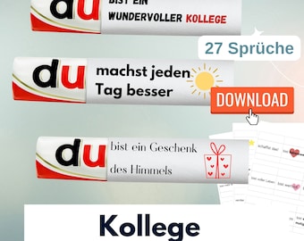 May include: A set of three printable cards with the word "du" in black on a red and white background. The cards have different messages in German, including "Bist ein wundervoller Kollege", "Machst jeden Tag besser", and "Bist ein Geschenk des Himmels". The cards are part of a set of 27 printable cards with positive messages for colleagues. The image also includes a download button and a sample of the cards.