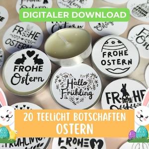 Könnte beinhalten: Zwanzig weiße Teelicht-Kerzenhalter mit schwarz-weißen Designs für Ostern. Die Designs beinhalten Hasen, Eier, Blumen und den Text "Frohe Ostern" und "Hallo Frühling".