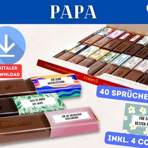 May include: A digital download of 40 printable chocolate bar wrappers with different sayings for Father's Day. The wrappers feature a variety of colorful designs and include the text "PAPA" and "40 SPRÜCHE".