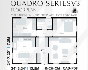 2 Bedroom Cottage Floor Plan: Small Home Design (24x34) (Digital Download)