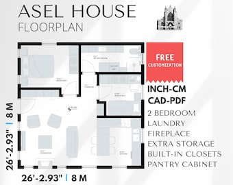 26x26 Small Cottage House Plans: 2 Bedroom Home Design (2D CAD + PDF)