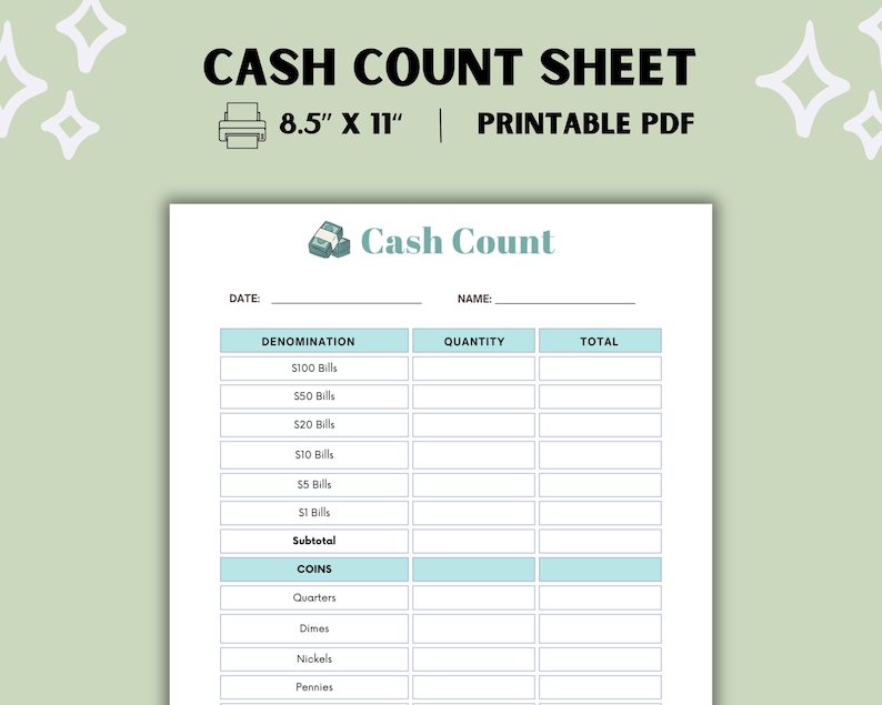 Cash Count Sheet Printable Money Tally Log Daily Register Count Form ...