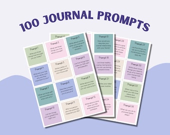 May include: A set of colourful cards with journal prompts for self-reflection and personal growth. The cards are arranged in a grid pattern and feature a variety of prompts, such as "What are three things you love about yourself?" and "Write about a time when you overcame a challenging situation."
