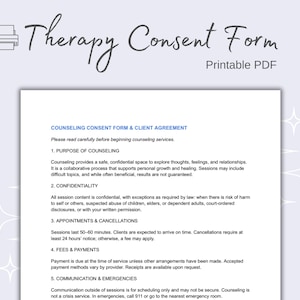 Può includere: Un modulo di consenso alla terapia in PDF stampabile. Il documento, intitolato "Therapy Consent Form", descrive i servizi di consulenza, tra cui riservatezza, appuntamenti, commissioni e informazioni di emergenza.