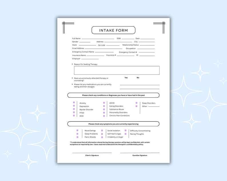 Therapist Intake Form, USA, Mental Health, Intake Form Template ...