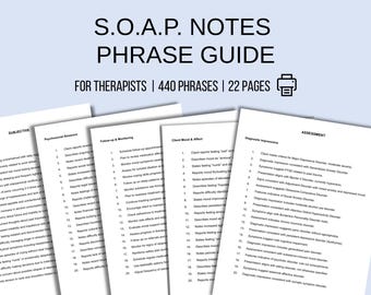 Guía de frases de notas SOAP para terapeutas Documentación de salud mental Plantillas de notas de progreso Trabajo social Psicología Consejero Práctica privada