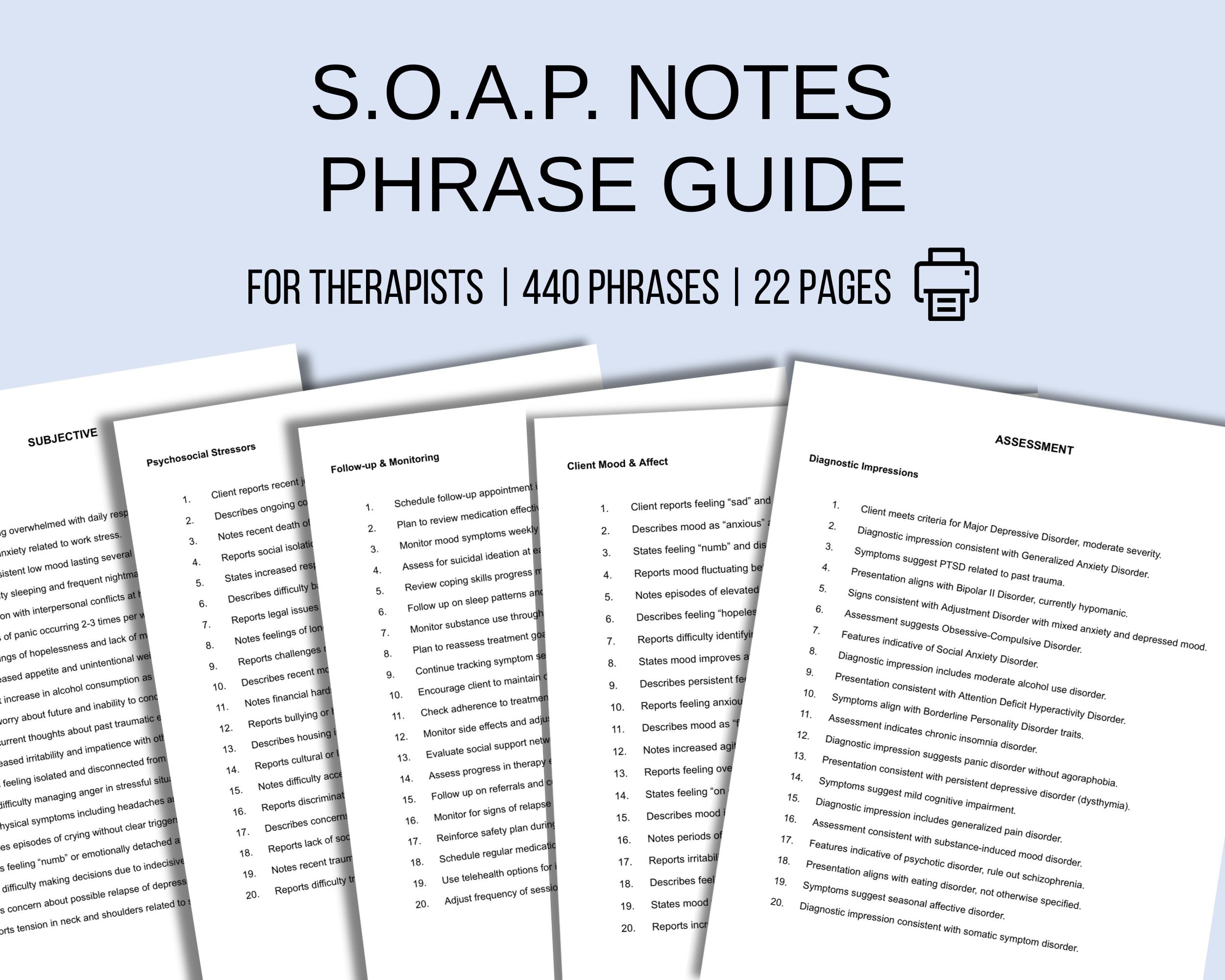 SOAP Notes Phrase Guide for Therapists Mental Health Documentation ...
