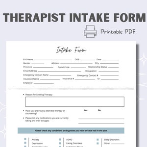 Counseling Intake Form, Canadian, Psychotherapy Consent, Mental Health Intake Form Template, Printable Therapy Forms
