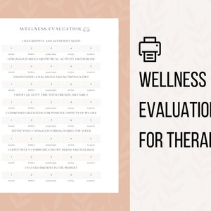 Könnte beinhalten: Ein druckbares Wellness-Evaluierungsformular für die Therapie. Das Formular enthält Fragen zu Schlaf, körperlicher Aktivität, Ernährung, sozialen Verbindungen, Dankbarkeit, Stressbewältigung, Kommunikation und Achtsamkeit.