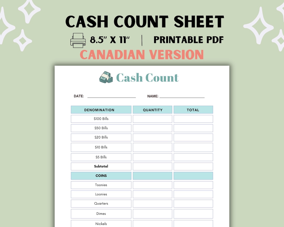 Printable Cash Count Sheet Canadian Money Tally Log Daily Register ...