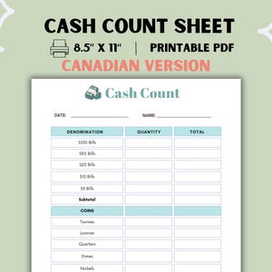 Printable Cash Count Sheet Canadian Money Tally Log Daily Register Count Form Business Cash Drawer Tracker PDF Download Opening Cash Count