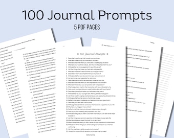Peut inclure: Un ensemble de 100 invites de journal imprimées sur du papier blanc. Les invites sont conçues pour vous aider à réfléchir à votre vie, à vos objectifs et à vos valeurs. Le texte "100 Journal Prompts" est imprimé en noir en haut de la page.