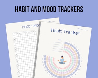 May include: Two printable habit and mood trackers on a light blue background. The top text reads "HABIT AND MOOD TRACKERS". One tracker is a grid for mood tracking, and the other is a circular habit tracker with a person meditating.