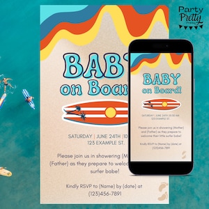 Baby Shower Invitation Template - Baby on Board Surf Theme (Print & Digital)